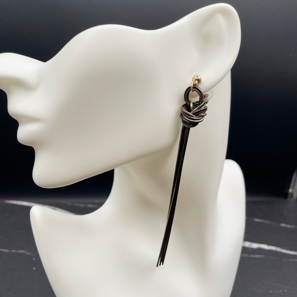 Contemporary Gold-Tone Black Snake Chain Knotted Linear Tassel Drop Earrings